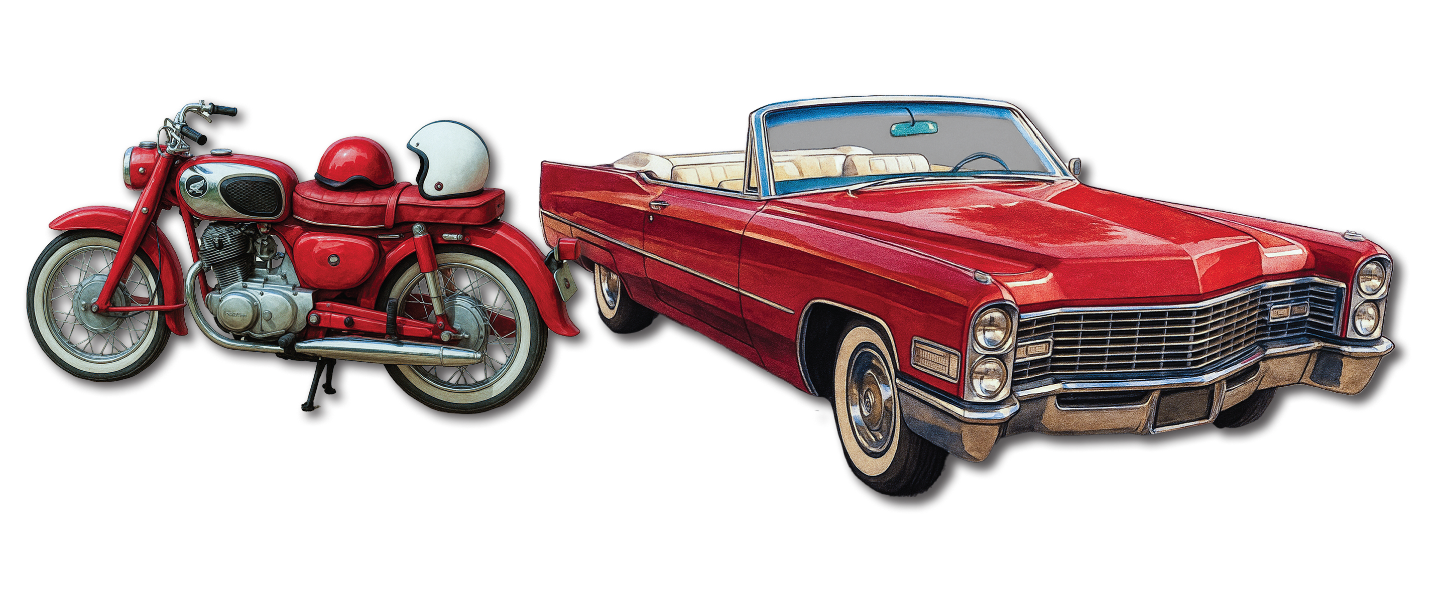 a red 1967 Honda 305 motorcycle with two helmets next to a red and white open-top classic convertable
